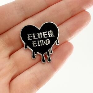 Elder Emo Soft Enamel Lapel Pin, Black Heart Goth Cute Funny Meme Pin
